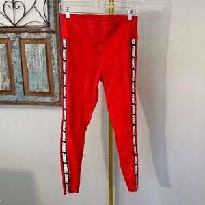 Zumba Fitness Bright Red Leggings with Black & White Logo Side Tape EUC L